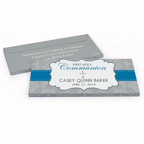 Deluxe Personalized Fluer Di Lis Cross First Communion Chocolate Bar in Gift Box