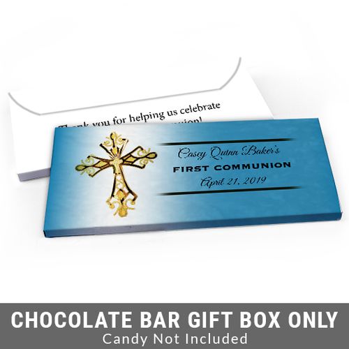 Deluxe Personalized Gold Cross First Communion Candy Bar Favor Box