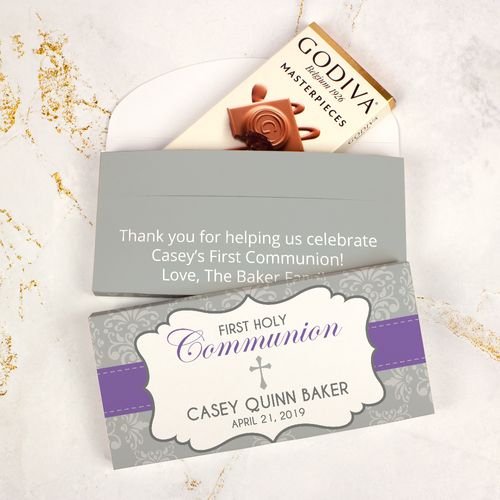 Deluxe Personalized First Communion Godiva Chocolate Bar in Gift Box- Fluer De Lis Cross