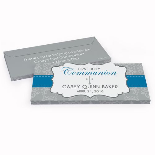 Deluxe Personalized Fluer de Lis Cross First Communion Chocolate Bar in Gift Box