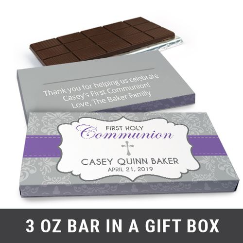 Deluxe Personalized Fluer Di Lis Cross First Communion Chocolate Bar in Gift Box (3oz Bar)