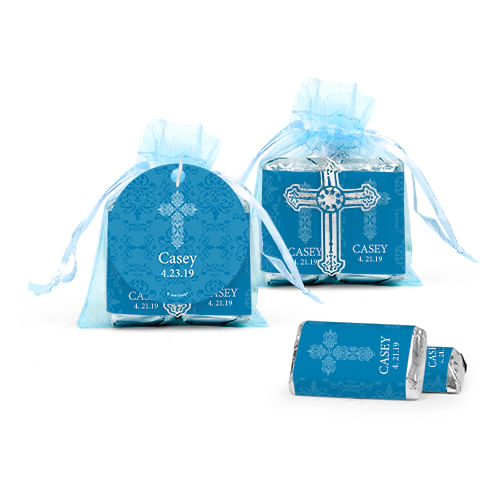 Personalized Communion Host & Silver Chalice Cross Organza Bag with Hershey's Miniatures