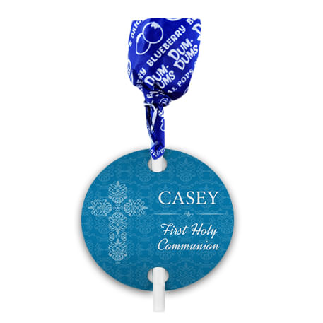 Personalized Elegant Cross First Communion Dum Dums with Gift Tag (75 pops)