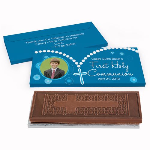 Deluxe Personalized Rosary Photo First Communion Embossed Chocolate Bar in Gift Box