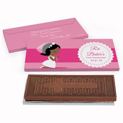 Deluxe Personalized Little Girl in Prayer First Communion Embossed Chocolate Bar in Gift Box