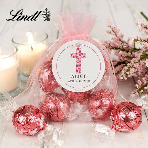 Personalized First Communion Lindt Truffle Organza Bag- Dots Cross