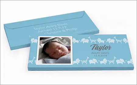 boy birth announcements chocolate bar in a gift box