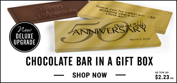 personalized 50th anniversary candy bar in a gift box
