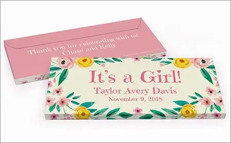 girl birth announcement chocolate bar in a gift box